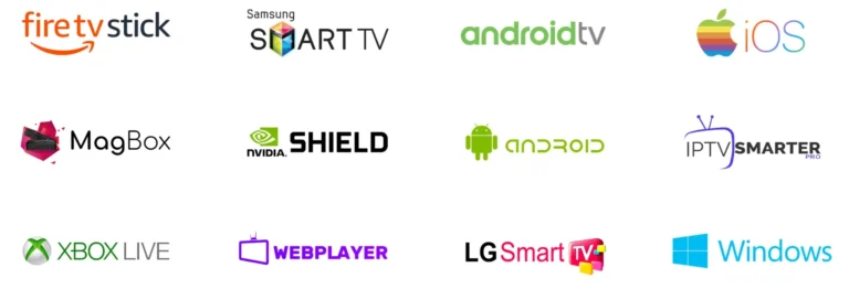 Logos des appareils compatibles: Fire TV Stick, Samsung Smart TV, Android TV, iOS, MagBox, NVIDIA Shield, Xbox, LG Smart TV, Windows